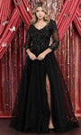 A-line V-neck Back Zipper Fitted Beaded Embroidered Sheer Slit Gathered Floor Length Lace Natural Waistline Evening Dress with a Brush/Sweep Train