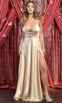 A-line Slit Open-Back Back Zipper Draped Cowl Neck Satin Spaghetti Strap Natural Waistline Prom Dress with a Brush/Sweep Train