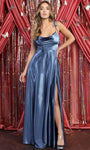 A-line Cowl Neck Spaghetti Strap Draped Back Zipper Open-Back Slit Satin Natural Waistline Prom Dress with a Brush/Sweep Train