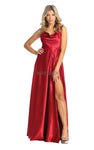 A-line Natural Waistline Satin Spaghetti Strap Slit Open-Back Back Zipper Draped Cowl Neck Prom Dress with a Brush/Sweep Train