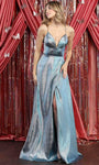 Tall A-line V-neck Metallic Spaghetti Strap Open-Back Slit Lace-Up Faux Wrap Back Zipper Corset Empire Waistline Floor Length Evening Dress with a Brush/Sweep Train