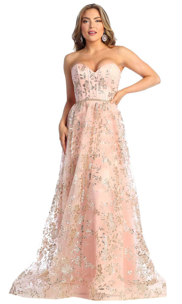 A-line Strapless Sequined Back Zipper Open-Back Belted Beaded Corset Natural Waistline Floral Print Floor Length Sweetheart Prom Dress with a Brush/Sweep Train