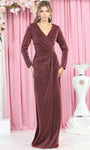 V-neck Natural Waistline Sheath Long Sleeves Glittering Ruched Fitted Floor Length Sheath Dress/Evening Dress with a Brush/Sweep Train