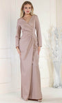 V-neck Floor Length Sheath Long Sleeves Fitted Ruched Glittering Natural Waistline Sheath Dress/Evening Dress with a Brush/Sweep Train