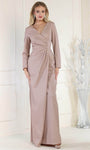 V-neck Floor Length Natural Waistline Long Sleeves Ruched Fitted Glittering Sheath Sheath Dress/Evening Dress with a Brush/Sweep Train