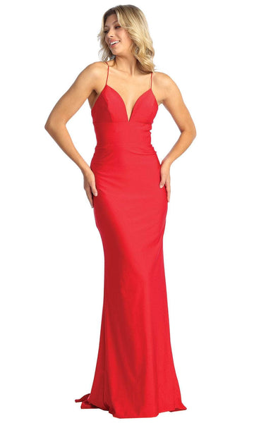 V-neck Empire Waistline Floor Length Open-Back Lace-Up Back Zipper Spaghetti Strap Sheath Sheath Dress/Evening Dress with a Brush/Sweep Train