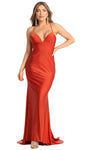 V-neck Sheath Spaghetti Strap Open-Back Lace-Up Back Zipper Floor Length Empire Waistline Sheath Dress/Evening Dress with a Brush/Sweep Train