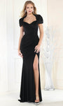 Sexy Gathered Draped Open-Back Ruched Slit Mermaid Natural Waistline Sweetheart Short Short Sleeves Sleeves Evening Dress with a Brush/Sweep Train