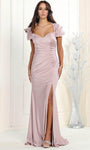 Sexy Slit Pleated Fitted Puff Sleeves Sleeves Floor Length Short Natural Waistline Mermaid Sweetheart Evening Dress with a Brush/Sweep Train
