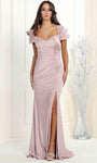 Sexy Sweetheart Fitted Pleated Slit Floor Length Short Mermaid Puff Sleeves Sleeves Natural Waistline Evening Dress with a Brush/Sweep Train