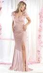 Sexy Mermaid Puff Sleeves Sleeves Floor Length Short Pleated Slit Fitted Natural Waistline Sweetheart Evening Dress with a Brush/Sweep Train