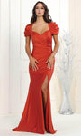 Sexy Pleated Fitted Slit Floor Length Short Puff Sleeves Sleeves Natural Waistline Sweetheart Mermaid Evening Dress with a Brush/Sweep Train