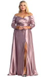 A-line Floor Length Long Sleeves Off the Shoulder Slit Lace-Up Faux Wrap Satin Natural Waistline Evening Dress