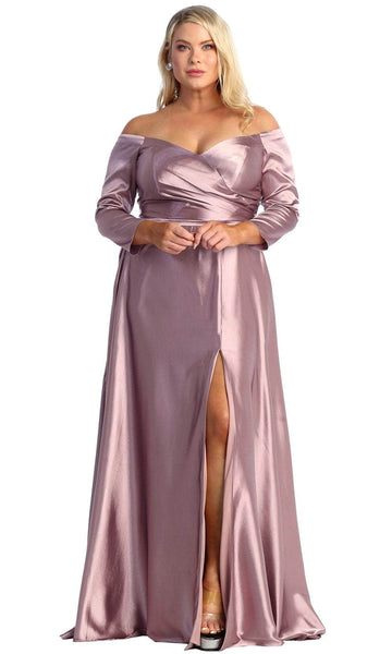 A-line Satin Lace-Up Faux Wrap Slit Natural Waistline Floor Length Long Sleeves Off the Shoulder Evening Dress