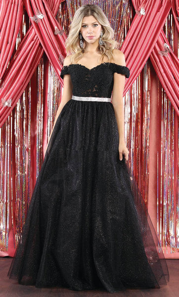 Tall A-line Sheer Embroidered Mesh Sheer Back Sweetheart Natural Waistline Off the Shoulder Metallic Prom Dress with a Brush/Sweep Train With Rhinestones