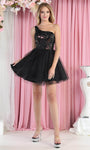 A-line Cocktail Short One Shoulder Sleeveless Tulle Floral Print Asymmetric Applique Sequined Glittering Corset Natural Waistline Dress