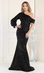 Natural Waistline Bishop Sleeves Mermaid Sequined Asymmetric Evening Dress with a Brush/Sweep Train