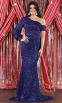 Asymmetric Sequined Bishop Sleeves Natural Waistline Mermaid Evening Dress with a Brush/Sweep Train