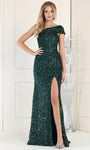Mermaid Slit Sequined Asymmetric One Shoulder Natural Waistline Prom Dress with a Brush/Sweep Train
