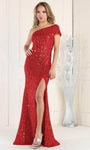 Asymmetric Slit Sequined Mermaid One Shoulder Natural Waistline Prom Dress with a Brush/Sweep Train