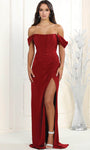 Sophisticated Scoop Neck Sheath Lace-Up Draped Back Zipper Wrap Slit Ruched Off the Shoulder Satin Basque Corset Waistline Sheath Dress/Prom Dress with a Brush/Sweep Train