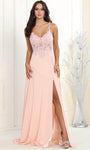 Sexy A-line V-neck Lace Floral Print Lace-Up Slit Beaded Embroidered Corset Natural Waistline Sleeveless Floor Length Evening Dress/Prom Dress with a Brush/Sweep Train