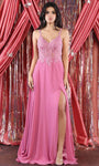 Sexy A-line V-neck Floor Length Beaded Slit Lace-Up Embroidered Floral Print Corset Natural Waistline Sleeveless Lace Evening Dress/Prom Dress with a Brush/Sweep Train
