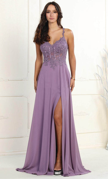 Sexy A-line V-neck Lace Floral Print Floor Length Corset Natural Waistline Sleeveless Lace-Up Slit Embroidered Beaded Evening Dress/Prom Dress with a Brush/Sweep Train