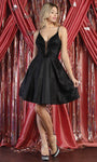 A-line V-neck Spaghetti Strap Plunging Neck Glittering Back Zipper Sheer Short Natural Waistline Homecoming Dress With Rhinestones