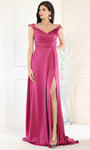 A-line Wrap Ruched Slit Lace-Up Draped Natural Waistline Off the Shoulder Prom Dress with a Brush/Sweep Train