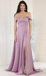 A-line Off the Shoulder Draped Ruched Slit Lace-Up Wrap Natural Waistline Prom Dress with a Brush/Sweep Train