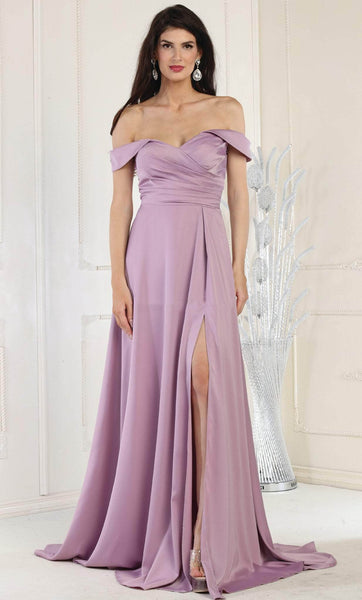 A-line Natural Waistline Lace-Up Ruched Slit Draped Wrap Off the Shoulder Prom Dress with a Brush/Sweep Train