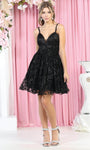 A-line V-neck Cocktail Short Plunging Neck Sleeveless Spaghetti Strap Natural Waistline Back Zipper Glittering Open-Back Lace-Up Sequined Fitted Sheer Beaded Fit-and-Flare Dress