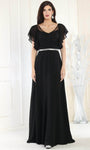 Sophisticated A-line V-neck Bell Sleeves Illusion Jeweled V Back Floor Length Natural Waistline Evening Dress