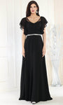 Sophisticated A-line V-neck Floor Length Bell Sleeves Jeweled Illusion V Back Natural Waistline Evening Dress