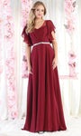 Sophisticated A-line V-neck Bell Sleeves Natural Waistline Floor Length Jeweled Illusion V Back Evening Dress