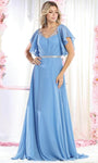 Sophisticated A-line V-neck Bell Sleeves Illusion V Back Jeweled Natural Waistline Floor Length Evening Dress