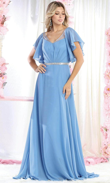 Sophisticated A-line V-neck Natural Waistline Jeweled Illusion V Back Floor Length Bell Sleeves Evening Dress