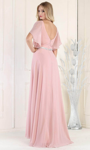 Sophisticated A-line V-neck Bell Sleeves Jeweled Illusion V Back Floor Length Natural Waistline Evening Dress