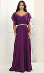 Sophisticated A-line V-neck Floor Length Natural Waistline Bell Sleeves Illusion Jeweled V Back Evening Dress
