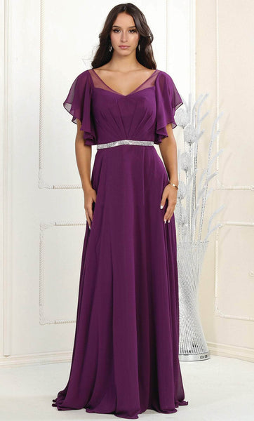 Sophisticated A-line V-neck Floor Length Natural Waistline Bell Sleeves V Back Illusion Jeweled Evening Dress