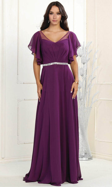 Sophisticated A-line V-neck Bell Sleeves Illusion V Back Jeweled Natural Waistline Floor Length Evening Dress