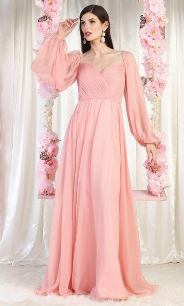 A-line Pleated Open-Back Back Zipper Fitted Sweetheart Bishop Sleeves Floor Length Natural Waistline Evening Dress with a Brush/Sweep Train