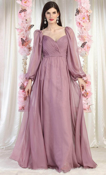 A-line Sweetheart Open-Back Pleated Back Zipper Fitted Bishop Sleeves Floor Length Natural Waistline Evening Dress with a Brush/Sweep Train