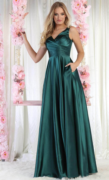 A-line V-neck Lace-Up Pleated Back Zipper Pocketed Corset Natural Waistline Floor Length Sleeveless Prom Dress