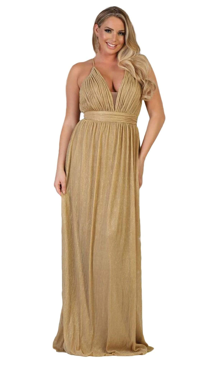 May Queen - Plunging V-Neck Pleated A-Line Dress MQ1635 - 1 pc Gold In ...