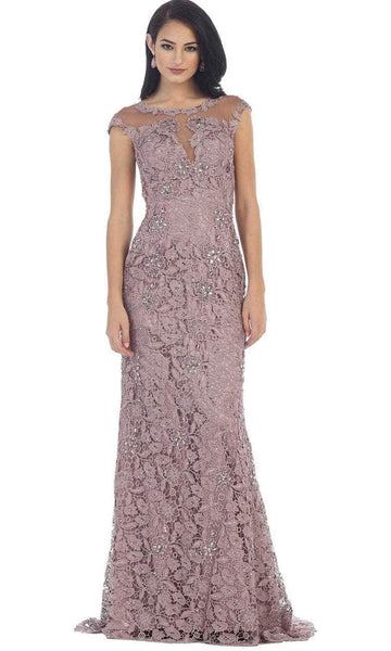 Sophisticated Lace Cap Sleeves Floor Length Fitted Illusion Applique Natural Waistline Jeweled Neck Sheath Sheath Dress/Evening Dress with a Brush/Sweep Train