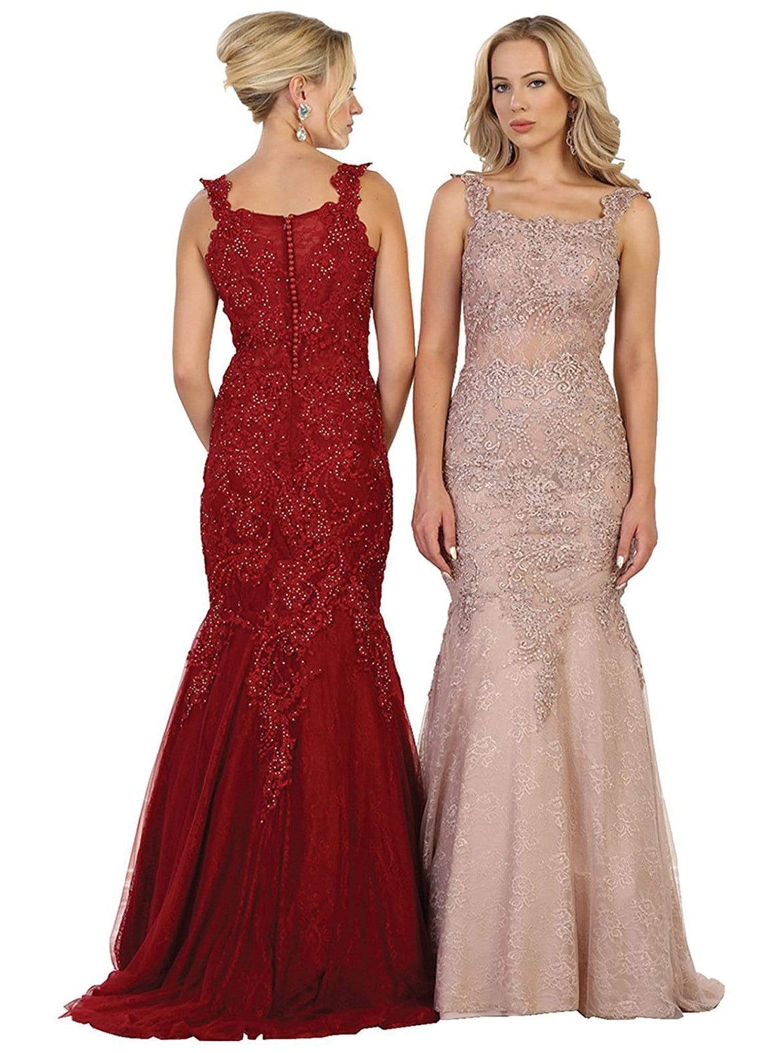 May Queen - RQ7544 Beaded Lace Square Neck Trumpet Evening Dress