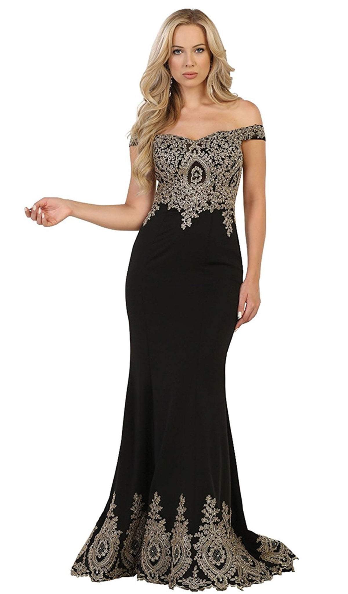 May Queen - RQ7586 Off Shoulder Appliqued Fitted Prom Dress