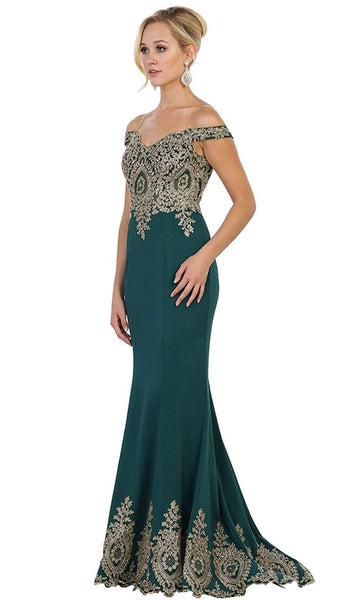 Floor Length Back Zipper Fitted Sheer Wrap Applique Mermaid Off the Shoulder Natural Waistline Evening Dress/Prom Dress with a Brush/Sweep Train